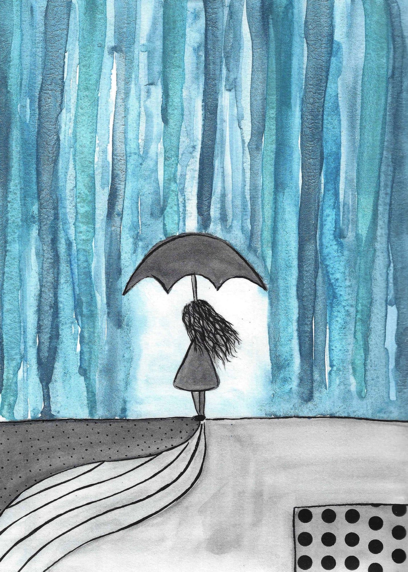 Llueve — watercolor, illustration from the book Indeleble