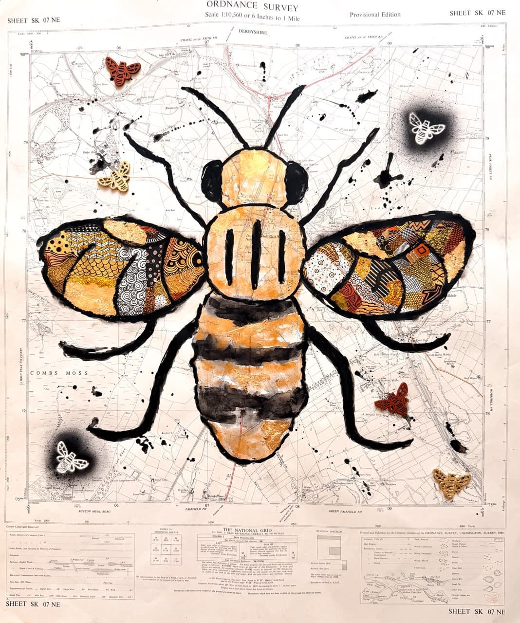 Manchester Bee, técnica mixta sobre mapa original de la Ordnance Survey (Reino Unido), obra de Lourdes Pérez