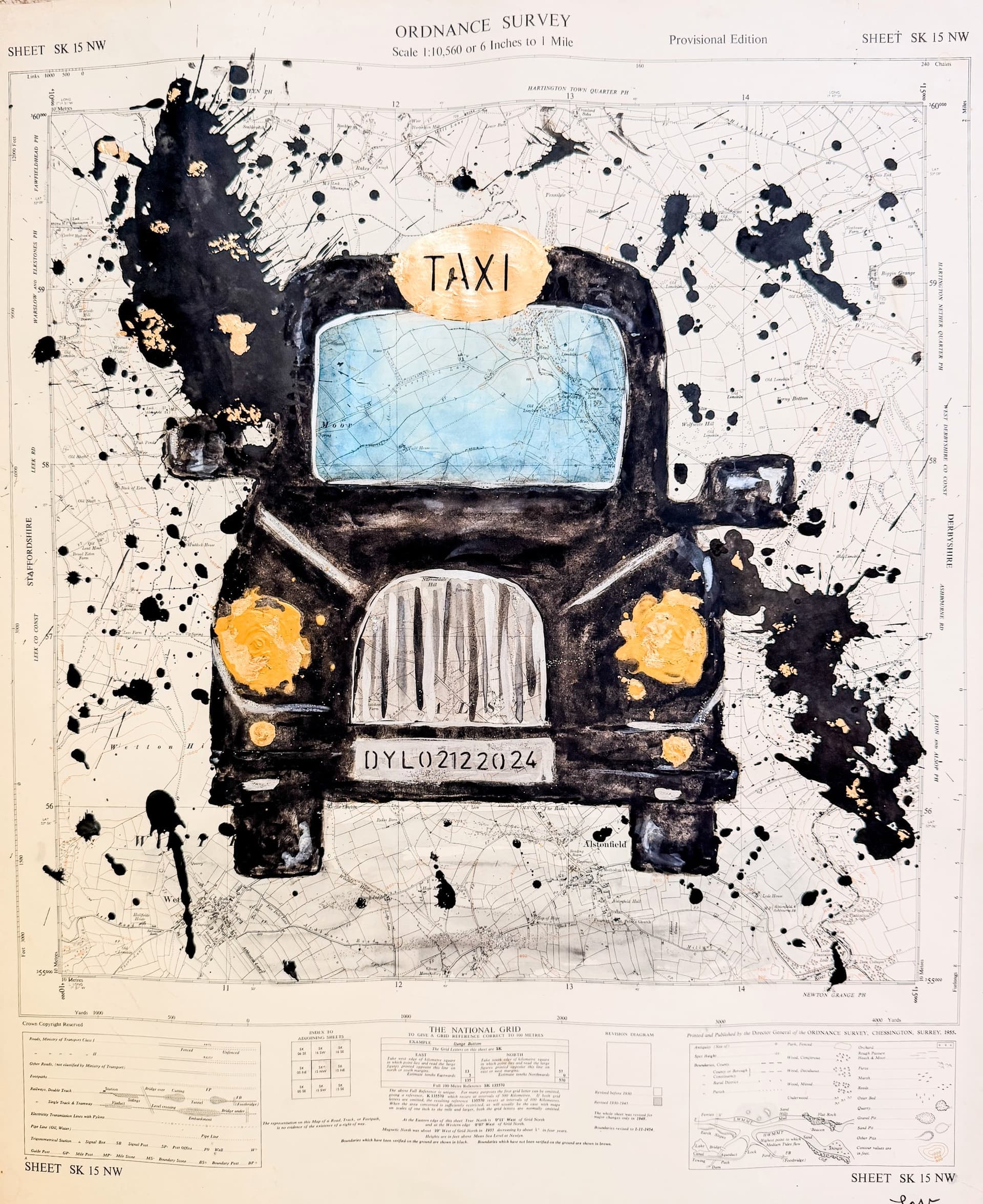 El Taxi, técnica mixta sobre mapa original de la Ordnance Survey (Reino Unido), obra de Lourdes Pérez