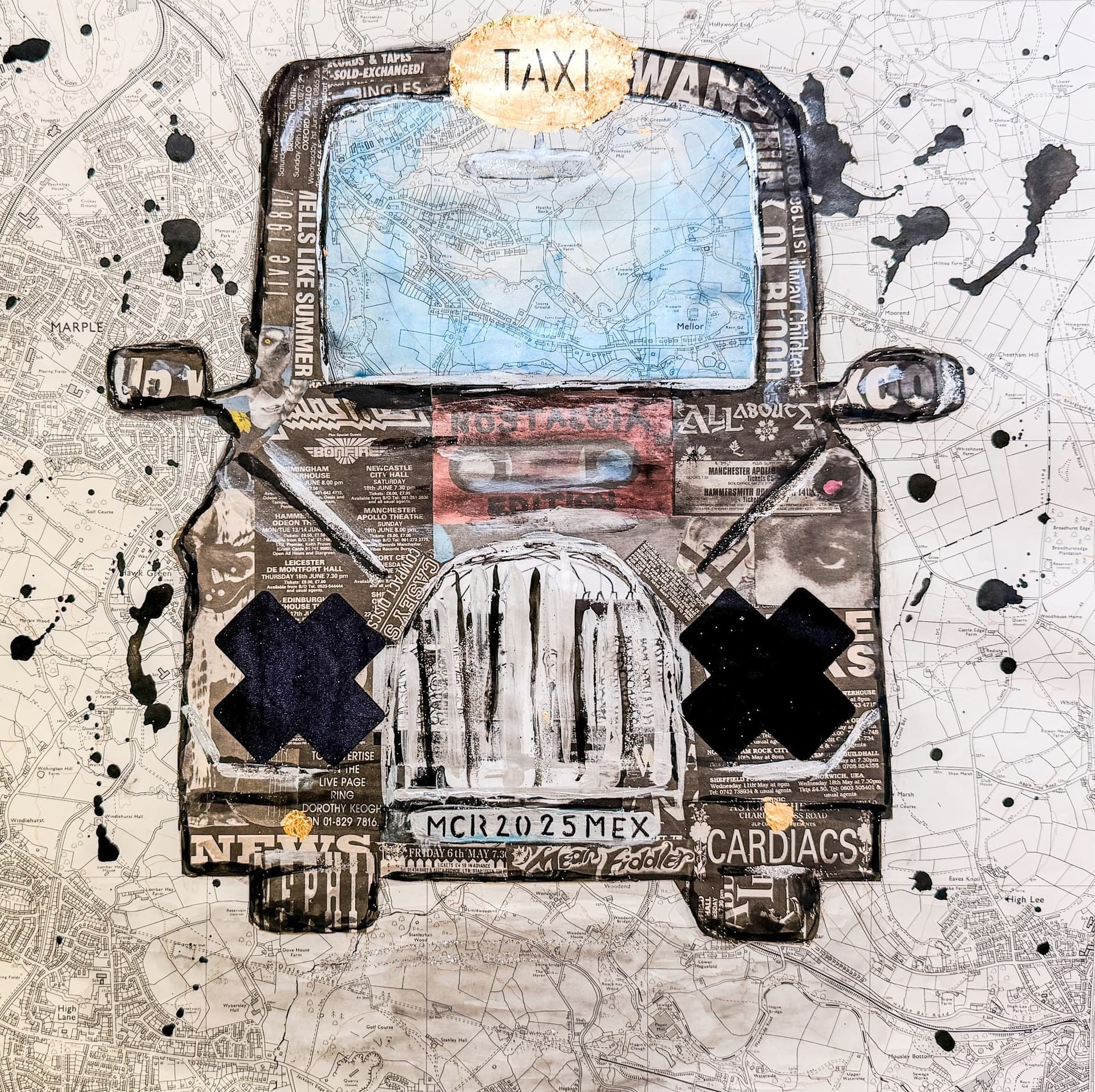 Taxi, técnica mixta sobre mapa original de la Ordnance Survey (Reino Unido), obra de Lourdes Pérez