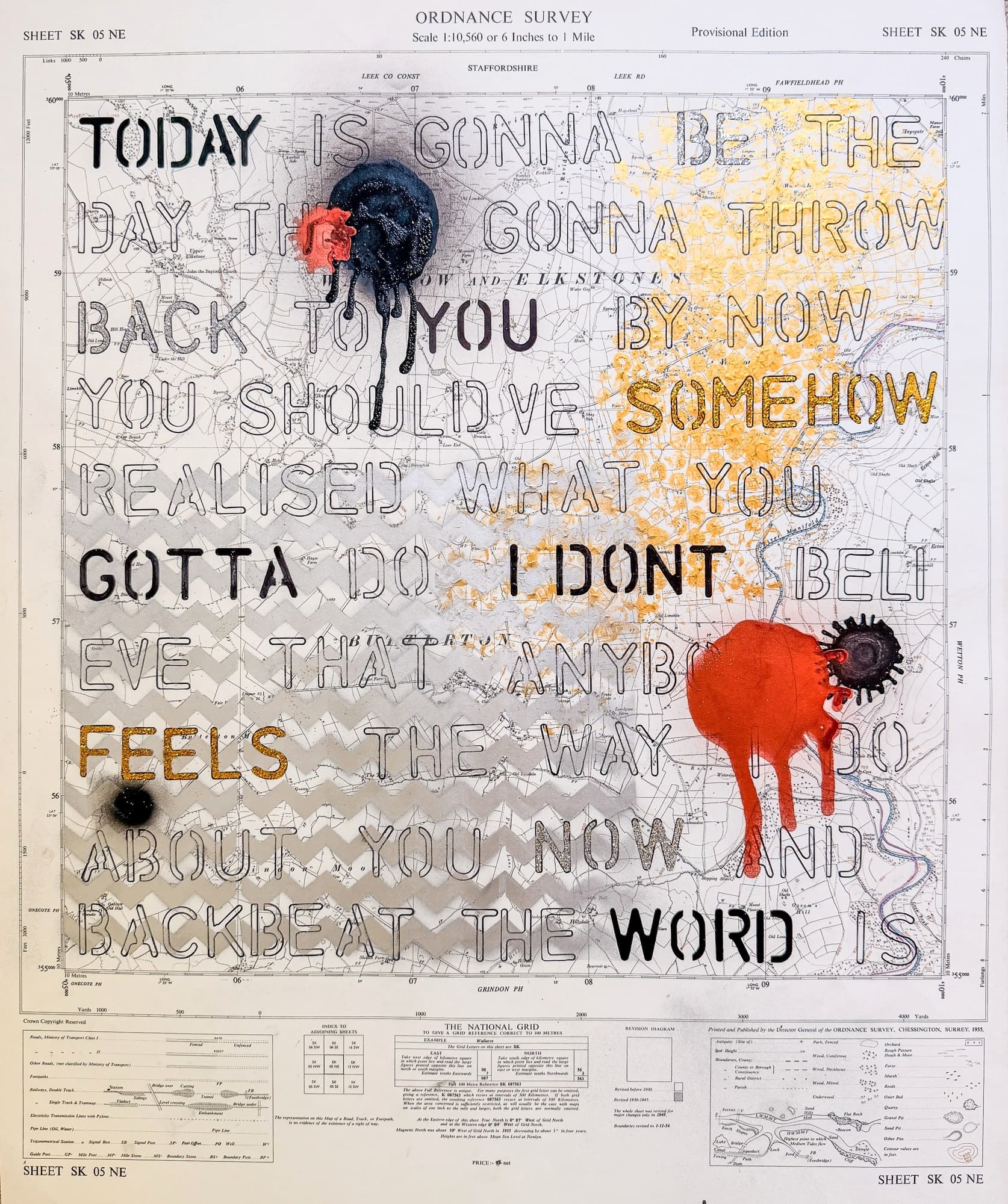 Wonderwall, técnica mixta sobre mapa original de la Ordnance Survey (Reino Unido), obra de Lourdes Pérez